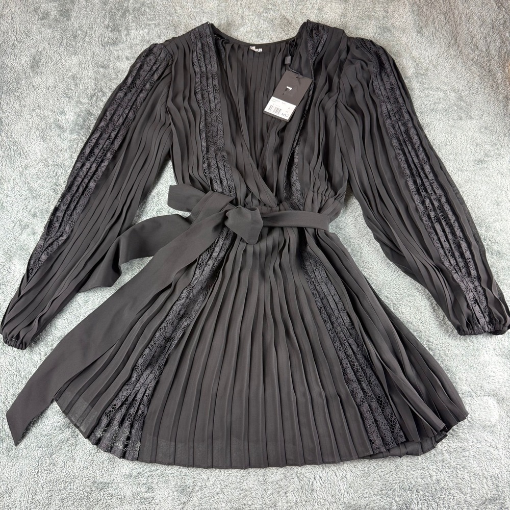 The Kooples Black Pleated Lace Trimmed Wrap V Neck Long Sleeve Dress Size‎ 0